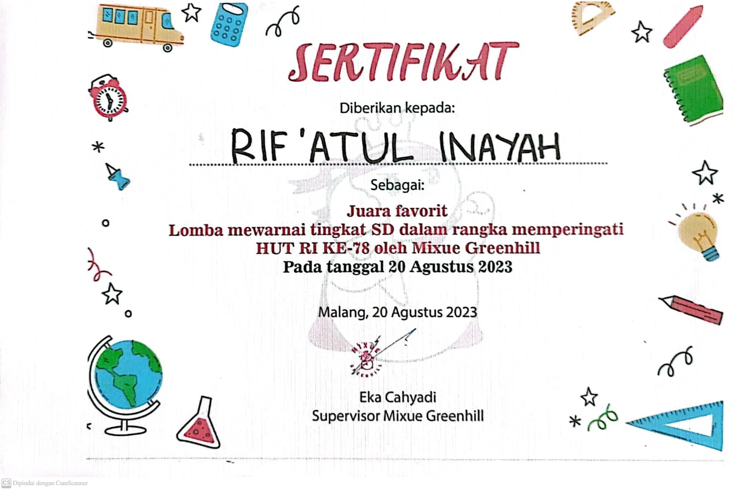 Dokumentasi Prestasi Rif'Atul Inayah Mewarnai