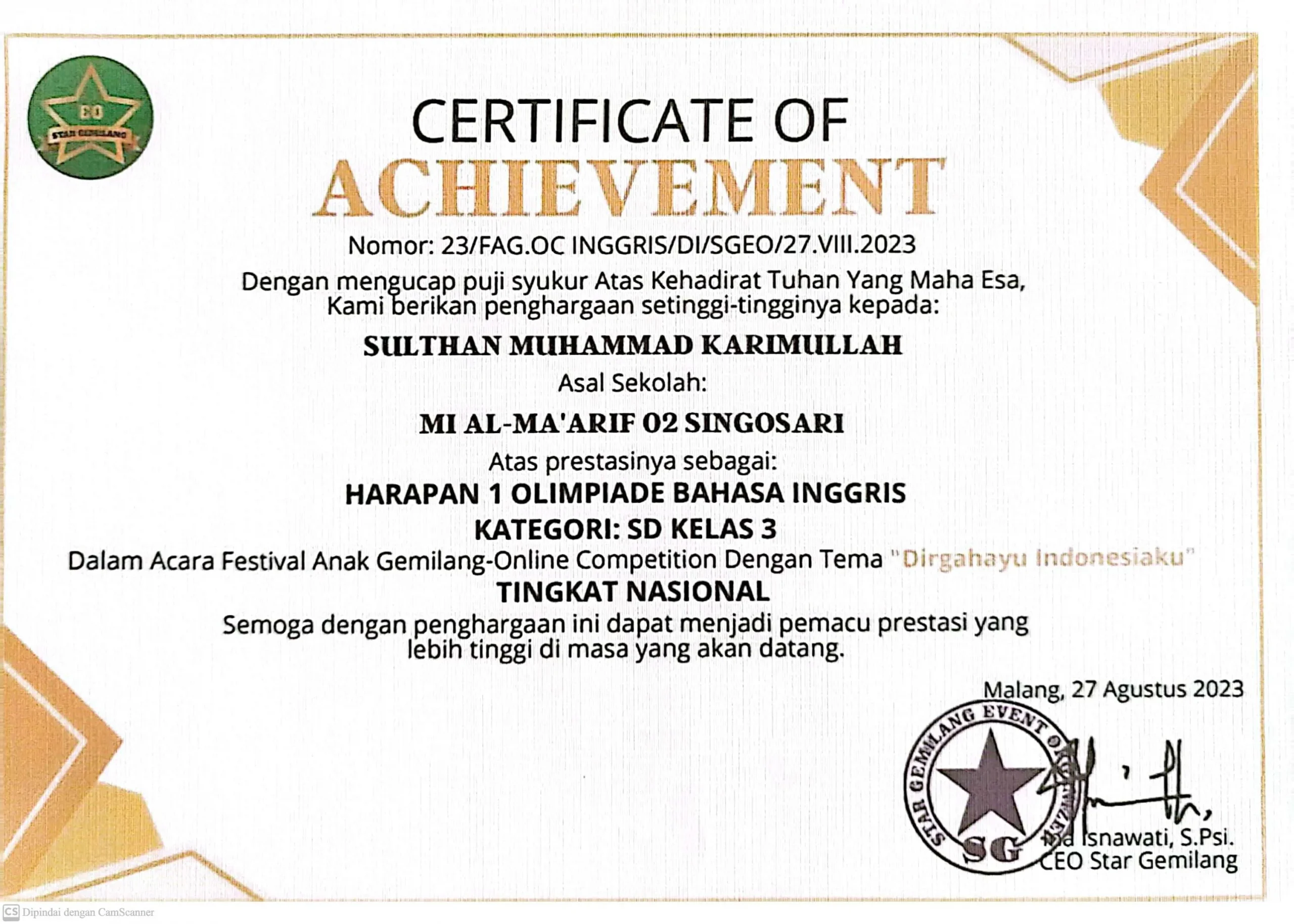 Dokumentasi Prestasi Sulthan Muhammad Karimullah Olimpiade Bahasa Inggris