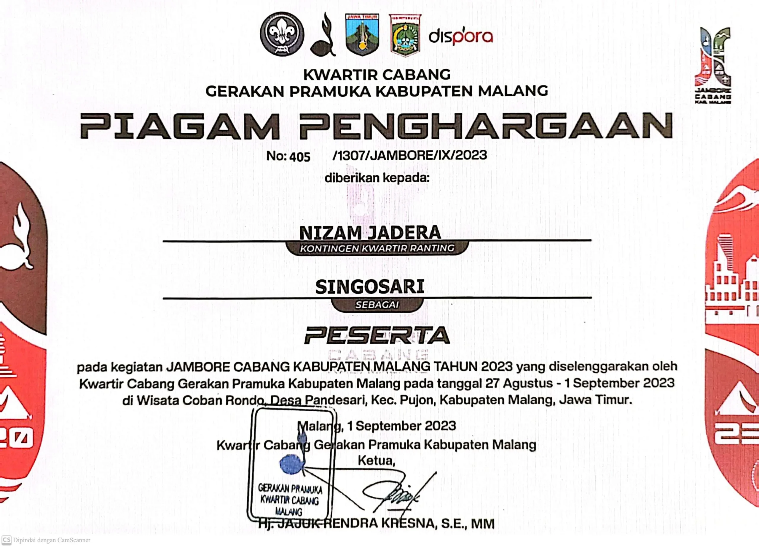 Dokumentasi Prestasi Nizam Jadera Jambore Kwarcab Malang