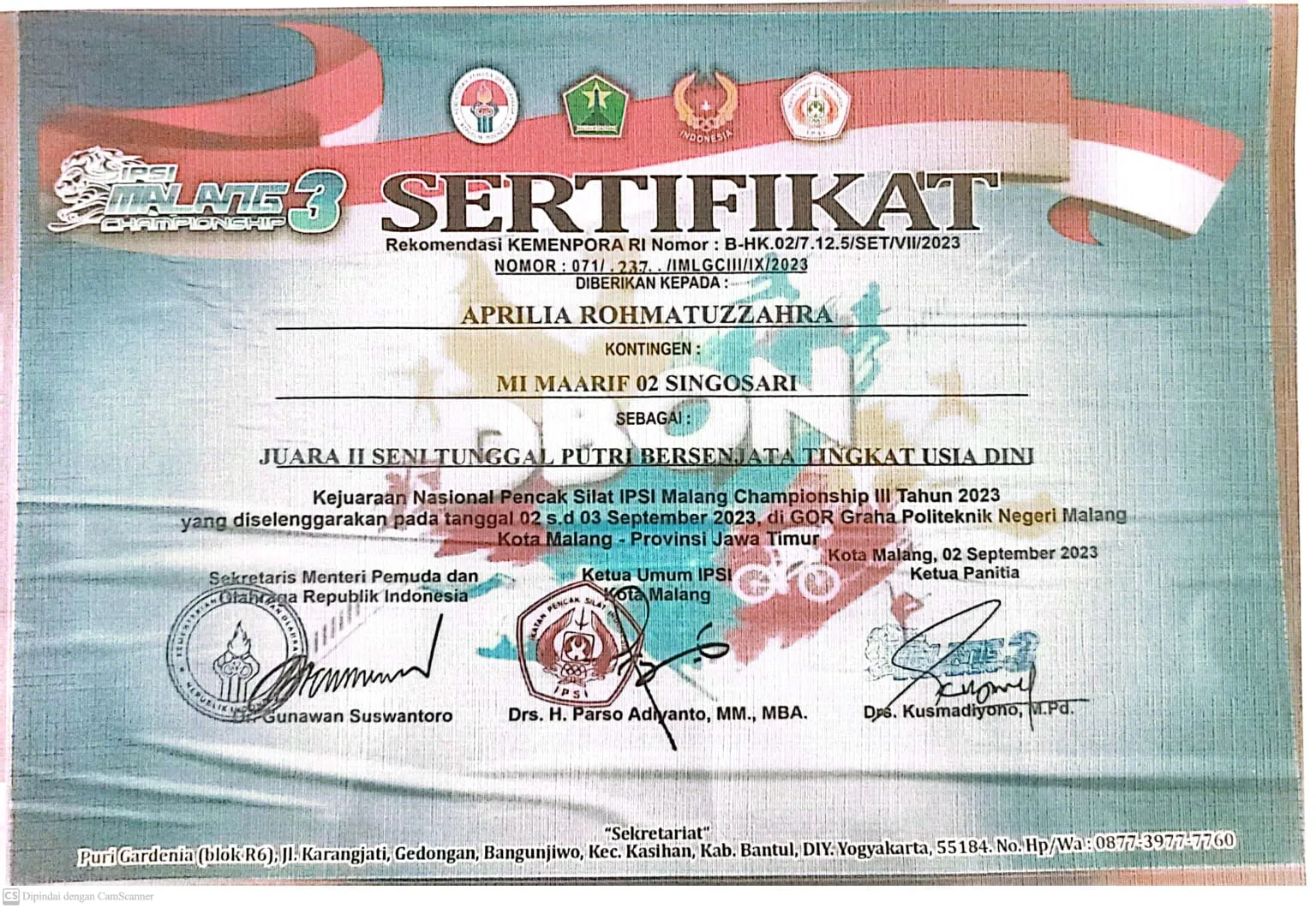 Dokumentasi Prestasi Aprilia Rohmatuzzahra Pencak Silat