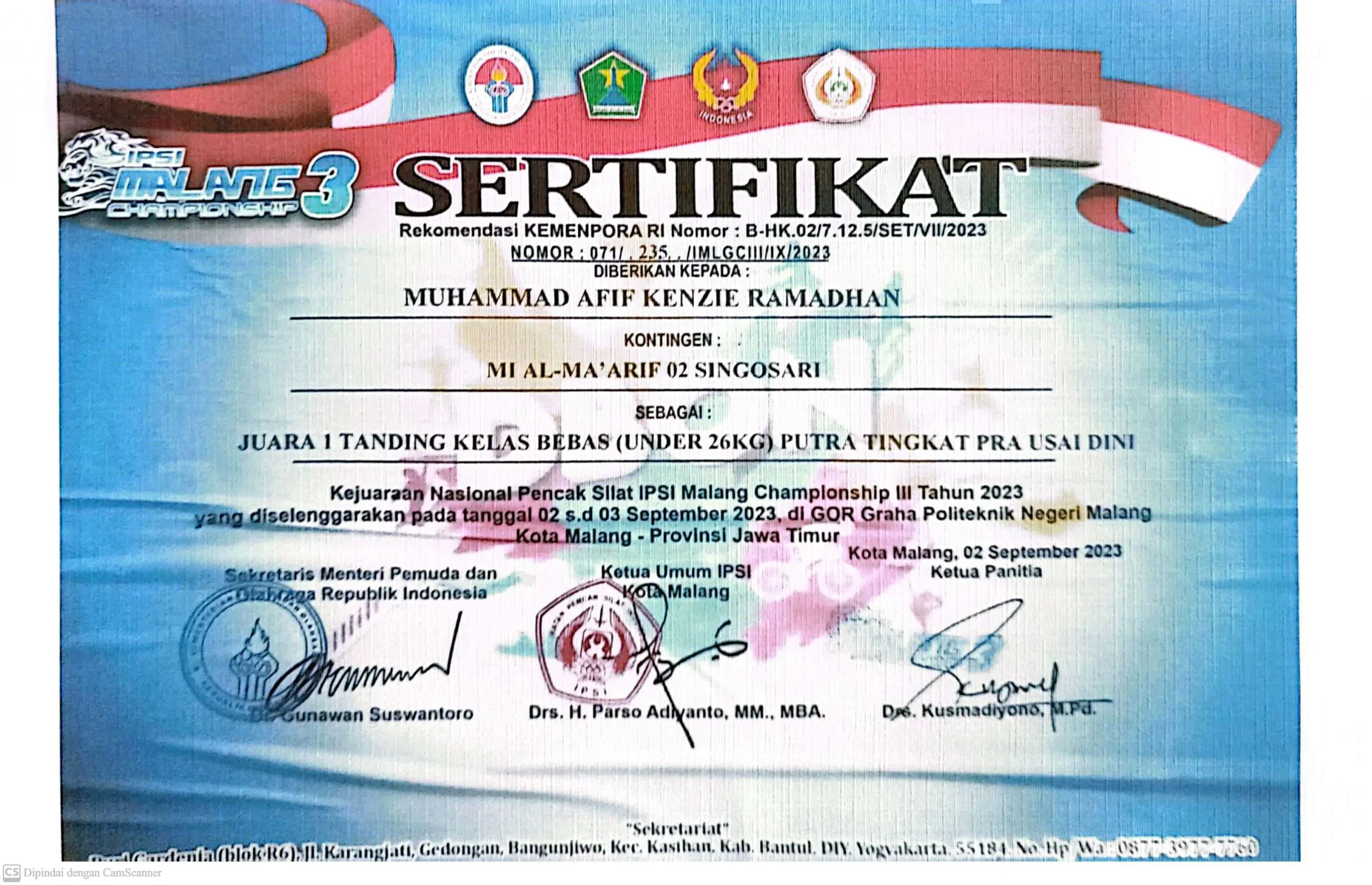 Dokumentasi Prestasi Muhammad Afif Kenzie Ramadhan Pencak Silat