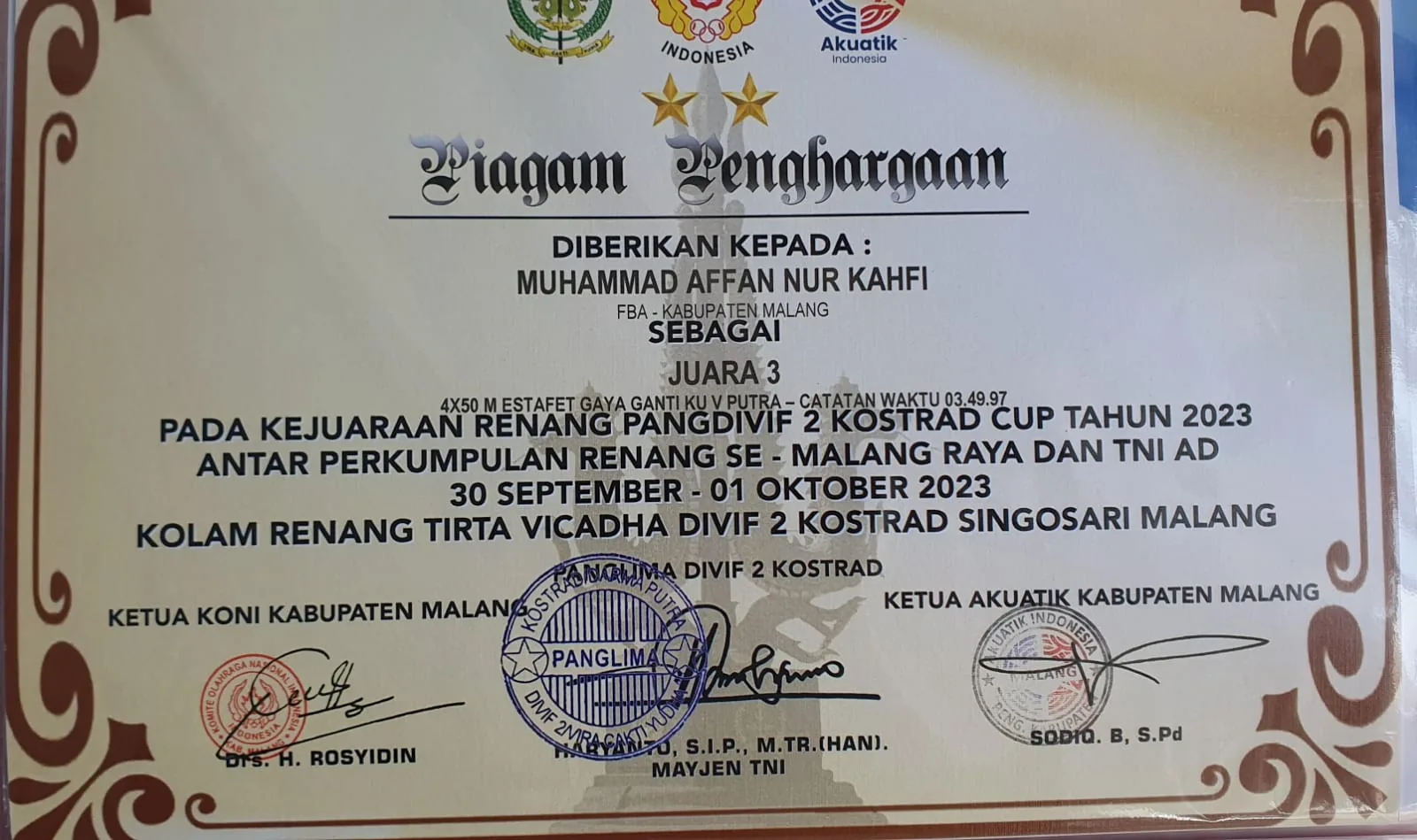 Dokumentasi Prestasi Muhammad Affan Nur Kahfi Renang