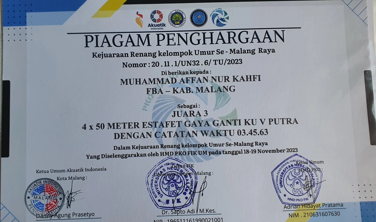 Dokumentasi Prestasi Muhammad Affan Nur Kahfi Renang