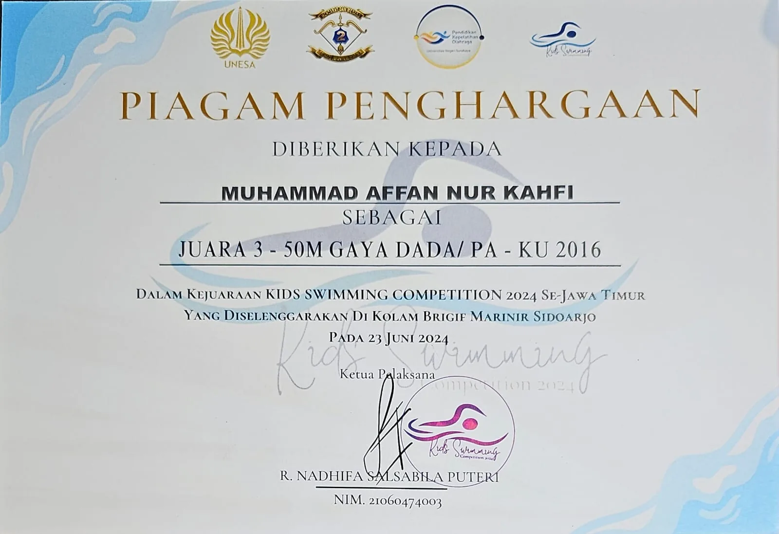Dokumentasi Prestasi Muhammad Affan Nur Kahfi Renang Gaya Dada