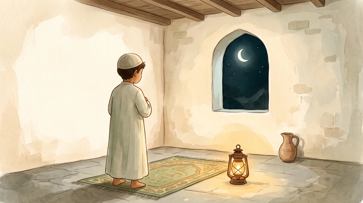 Anak laki-laki dari belakang berdiri shalat malam sendirian di ruangan sederhana
