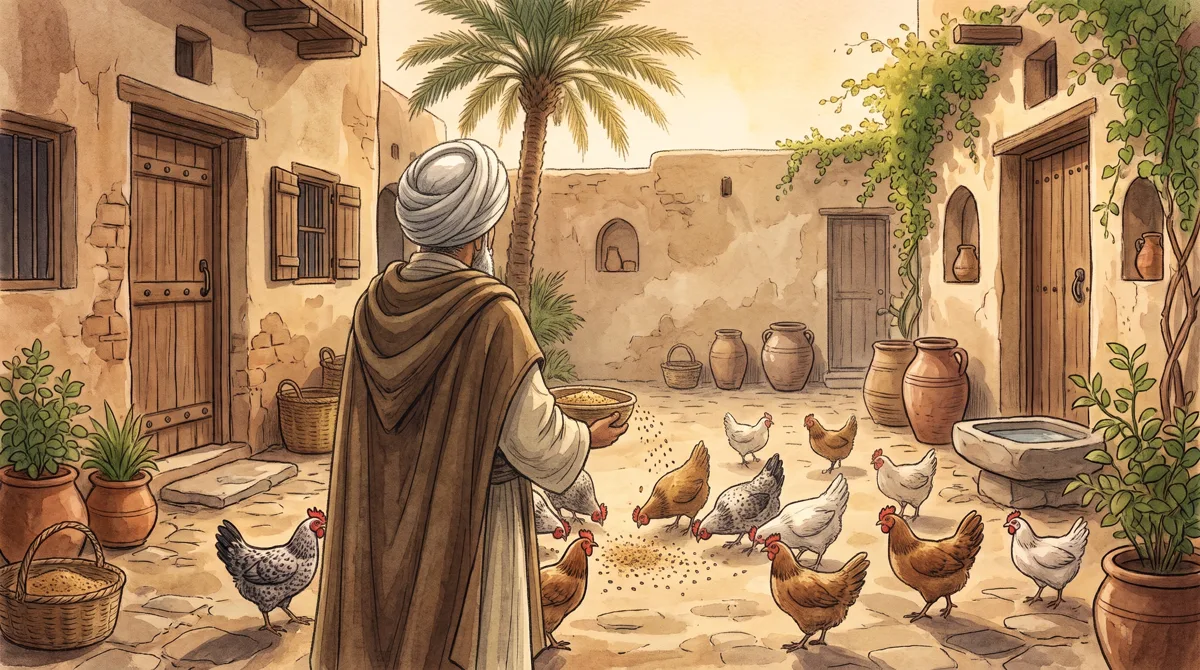 Ulama tampak dari belakang menabur biji-bijian untuk ayam di halaman belakang, tanpa wajah detail