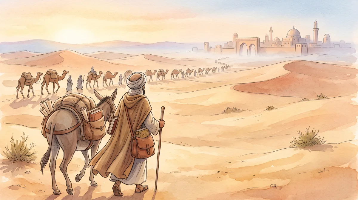 Ilustrasi ulama tampak dari belakang melakukan perjalanan jauh di gurun bersama kafilah, membawa buku, tanpa wajah detail