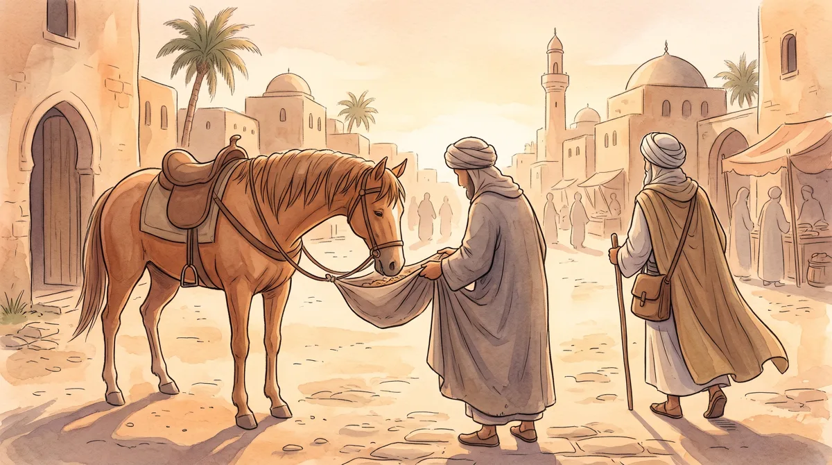Ilustrasi pria mengangkat ujung jubah di depan kuda seolah membawa makanan, ulama mengamati dari belakang, tanpa wajah detail