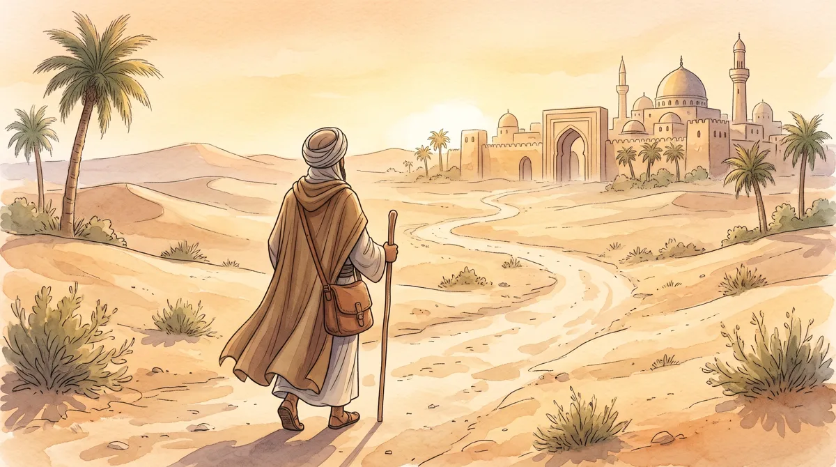 Ilustrasi ulama tampak dari belakang berjalan tenang pulang di jalan gurun menuju kota Arab, tanpa wajah detail