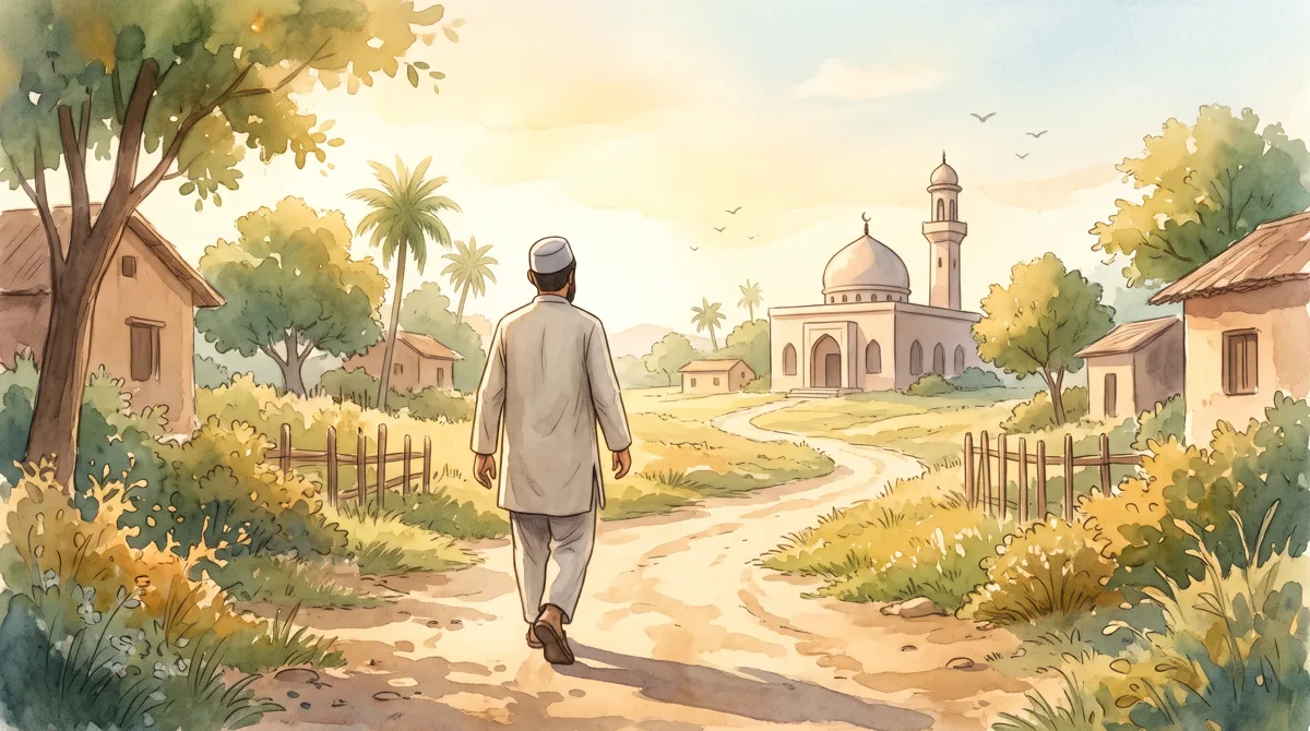 Pria berjalan menuju masjid di pagi hari dengan langkah ringan