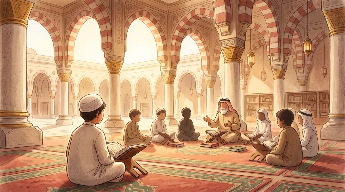 Murid muda tampak dari belakang duduk tenang di majelis belajar, guru di depan, tanpa wajah detail