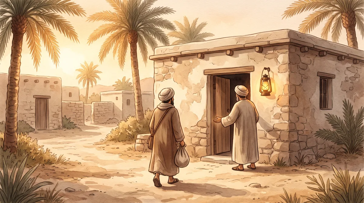 Abu Talhah dari belakang menyambut musafir di pintu rumah batu