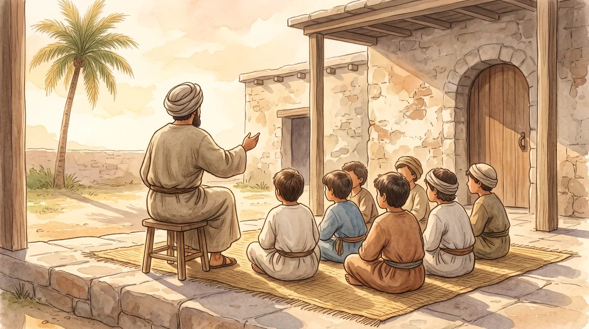 Guru berjubah dari belakang mengajar murid-murid di serambi rumah