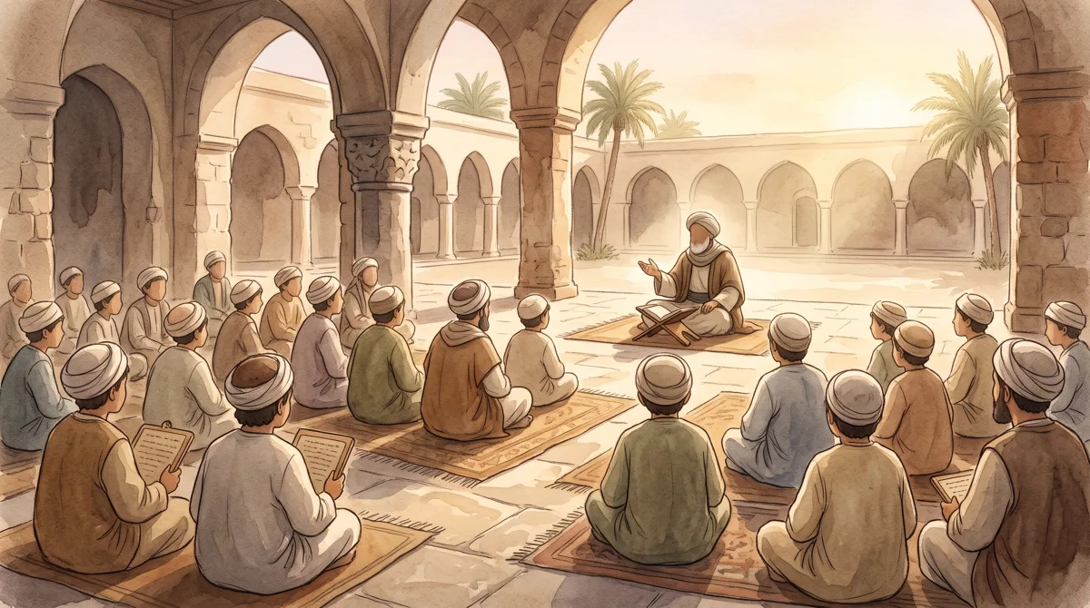 Guru tampak jauh mengajar murid-murid dengan tenang di masjid