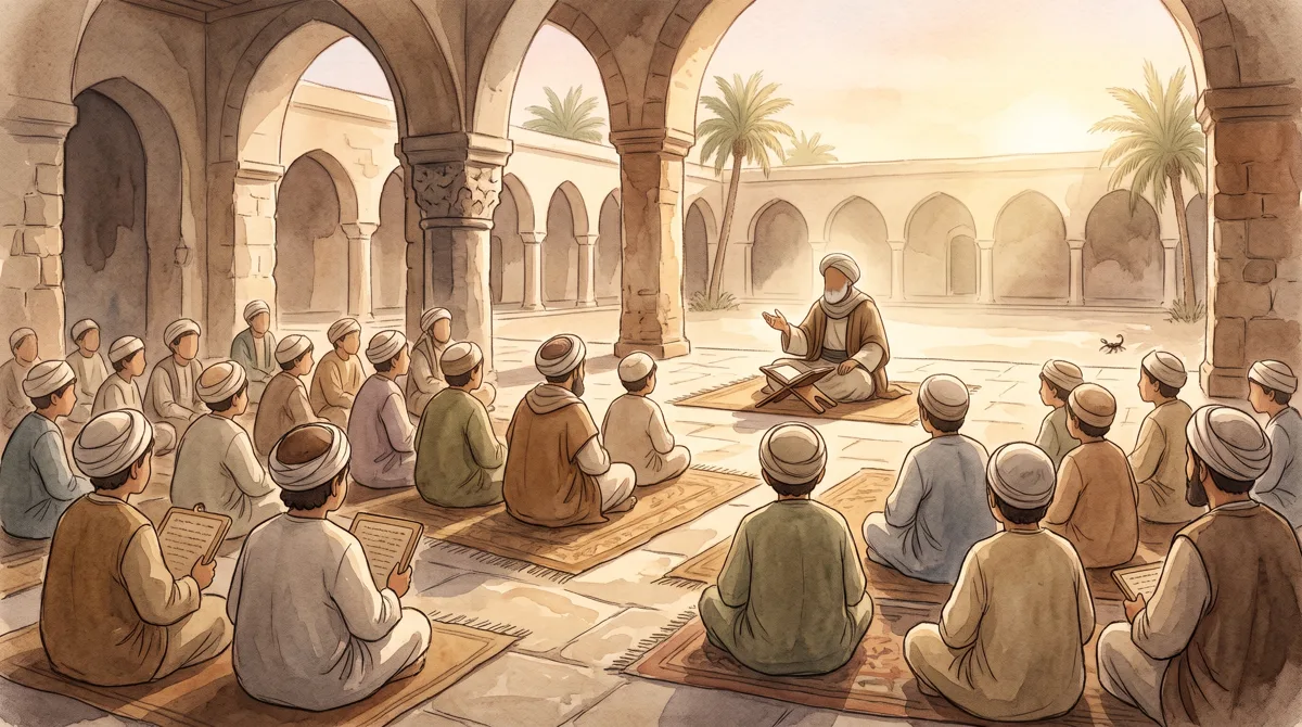 Guru mengajar dengan tenang sementara murid mendengarkan, kalajengking kecil jauh di lantai, tanpa wajah detail