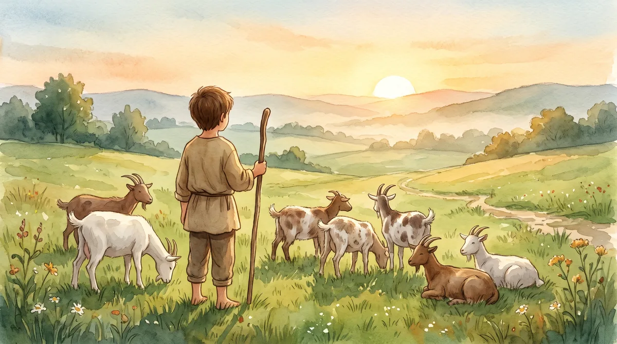 Ilustrasi bocah penggembala di padang rumput saat matahari terbit, tampak dari belakang di antara kambing-kambingnya, tanpa wajah detail