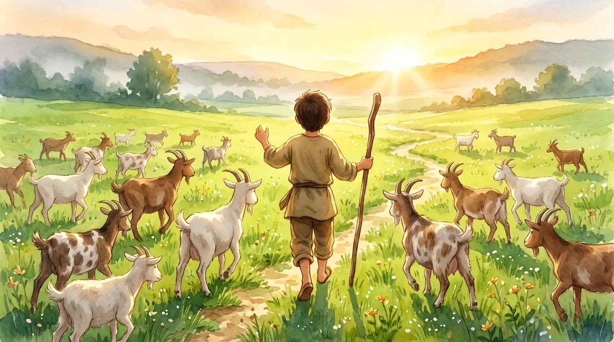 Ilustrasi bocah penggembala yang berjalan bebas di antara kambing-kambingnya di pagi hari, tampak dari belakang, tanpa wajah detail