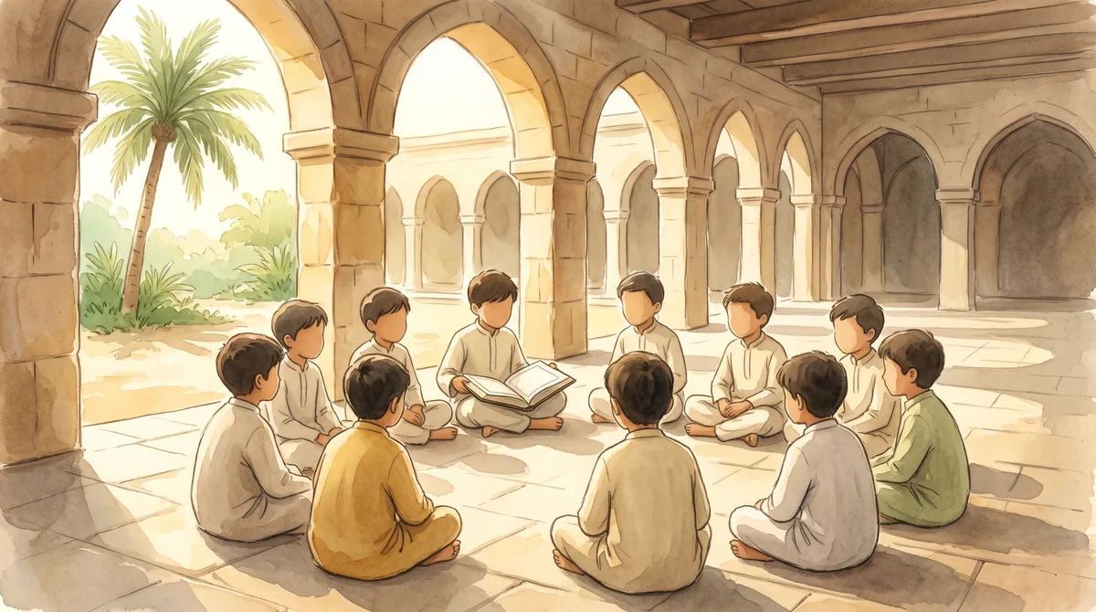Sepuluh anak dari belakang duduk melingkar dan saling menyimak bacaan