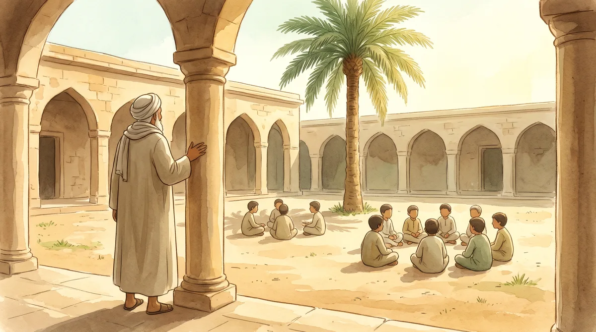 Guru dari belakang memandang lingkaran belajar di halaman masjid