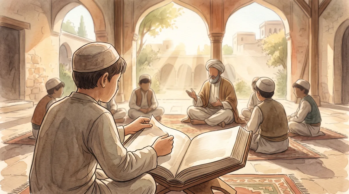 Murid tampak dari belakang membalik halaman kitab dengan lembut, tanpa wajah detail
