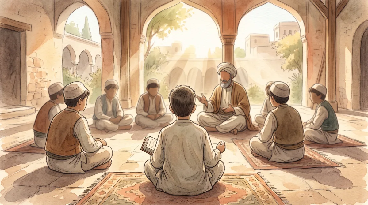 Murid tampak dari belakang mendengarkan dengan buku terbuka di pangkuan, tanpa wajah detail