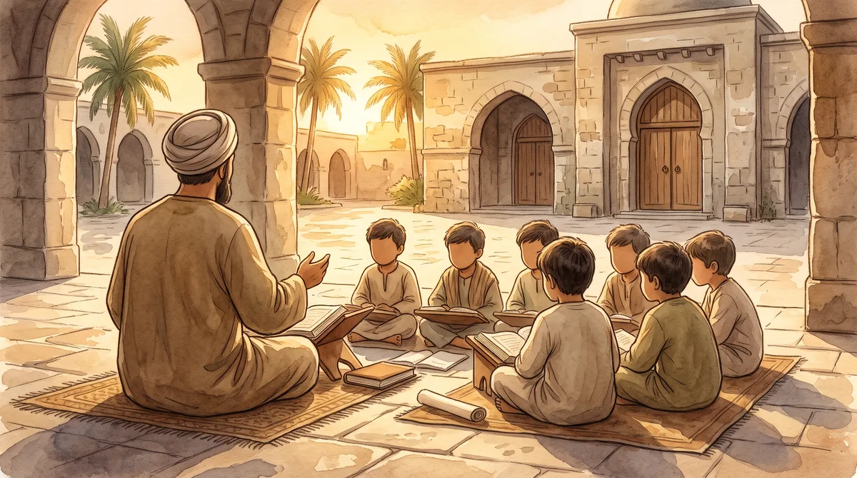 Guru berjubah dari belakang mengajar murid-murid di serambi masjid sore hari