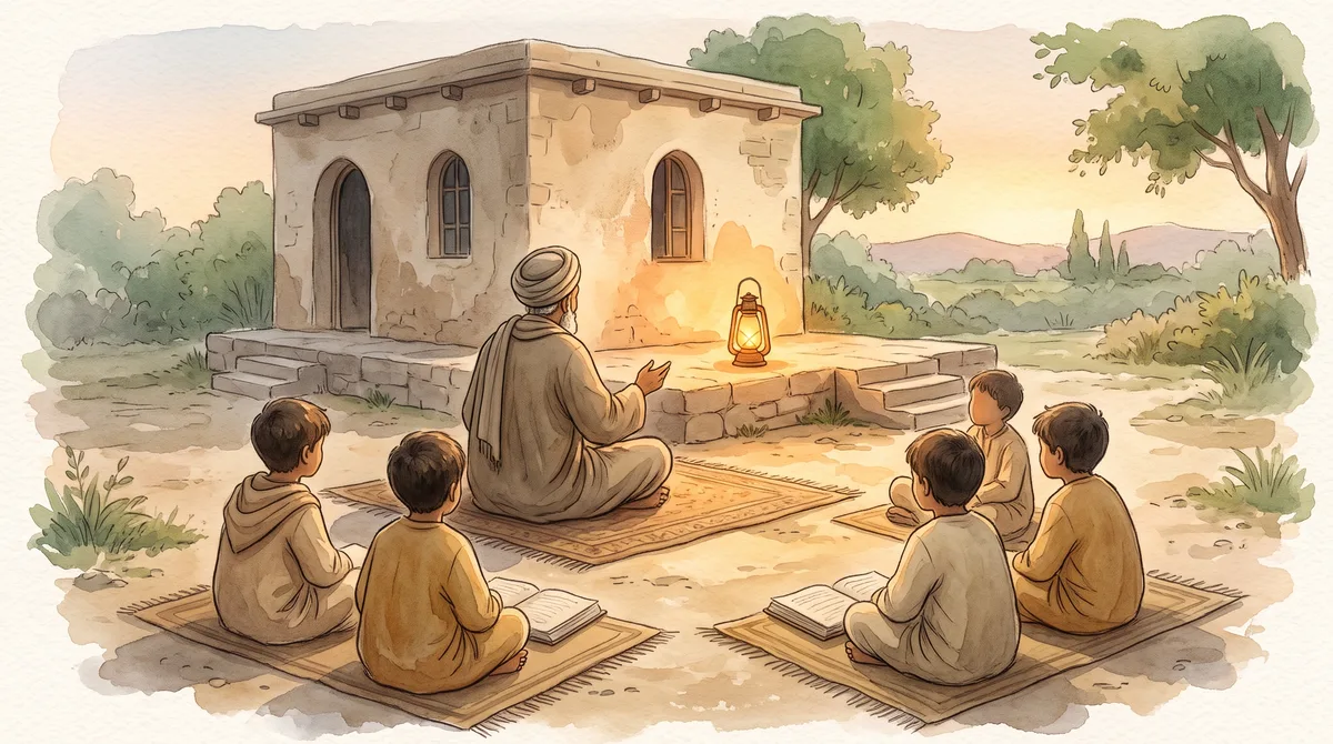 Guru dari belakang mengajar murid-murid di serambi rumah batu